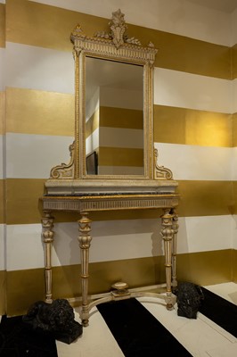 Lot 389 - A pair of neoclassical, painted and parcel-gilt, wooden pier tables
