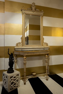 Lot 389 - A pair of neoclassical, painted and parcel-gilt, wooden pier tables