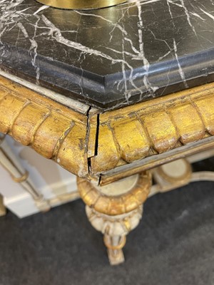 Lot 389 - A pair of neoclassical, painted and parcel-gilt, wooden pier tables