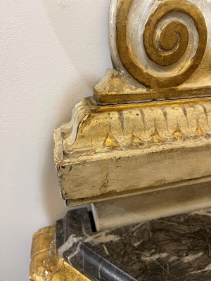 Lot 389 - A pair of neoclassical, painted and parcel-gilt, wooden pier tables