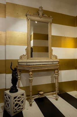 Lot 389 - A pair of neoclassical, painted and parcel-gilt, wooden pier tables