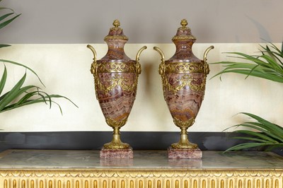 Lot 415 - A pair of Napoleon III brocatelle marble cassolettes