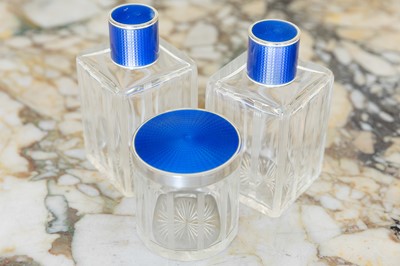 Lot 52 - Three cut-glass, silver and guilloché enamel dressing table pieces