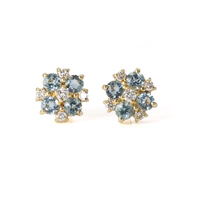 Lot 159 - A pair of aquamarine and diamond cluster stud earrings
