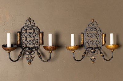 Lot 3 - A pair of gilt and painted wrought-iron wall sconces