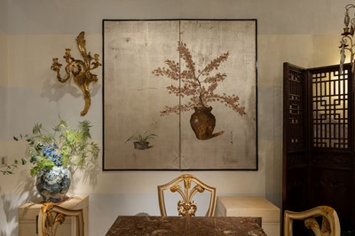 Lot 40 - A two-fold painted and silvered screen