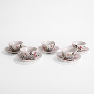 Lot 519 - A collection of five Chinese famille rose cups and saucers