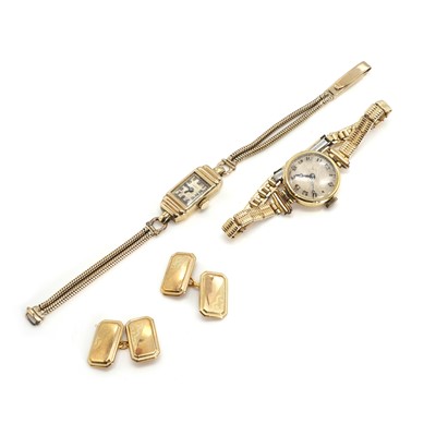 Lot 359 - Two gold mechanical watches and a pair of chain link cufflinks