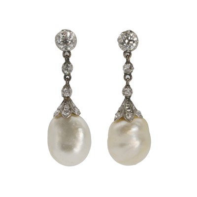 Lot 71 - A pair of natural pearl and diamond drop earrings, c.1900