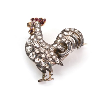 Lot 50 - A Victorian diamond and ruby set cockerel brooch, c. 1880