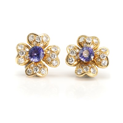 Lot 173 - A pair of tanzanite and diamond quatrefoil stud earrings
