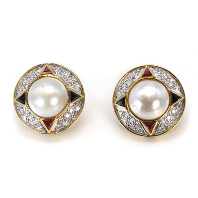 Lot 207 - A pair of 18ct gold diamond, gemstone and Mabe pearl earrings, by Theo Fennell