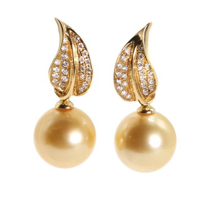 Lot 211 - A pair of pearl and diamond drop earrings