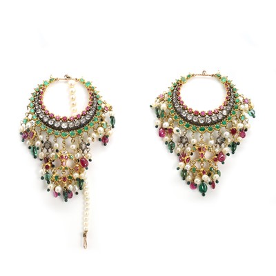 Lot 306 - A pair of Indian emerald, ruby, diamond and pearl pendant earrings