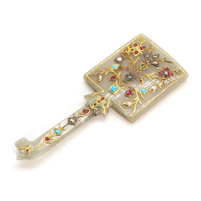 Lot 305 - An Indian nephrite, gold and multi gemstone mirror