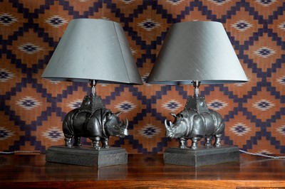 Lot 501 - A pair of pewter Rhinoceros table lamps