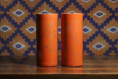 Lot 729 - A pair of Chinese porcelain cylindrical vases