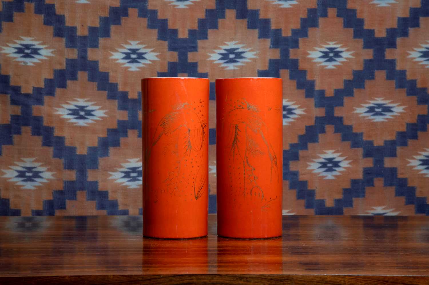 Lot 563 - A pair of porcelain cylindrical vases
