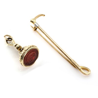 Lot 244 - A carnelian intaglio fob seal and a 9ct gold pin brooch
