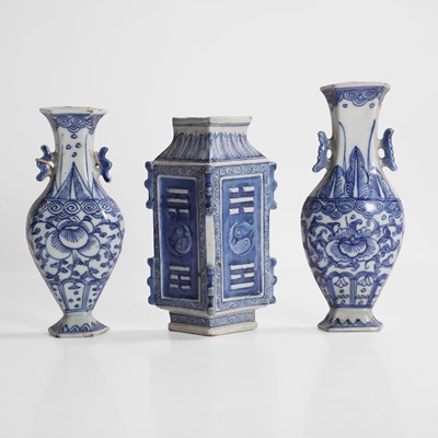 Lot 69 - Three Chinese blue and white wall vases