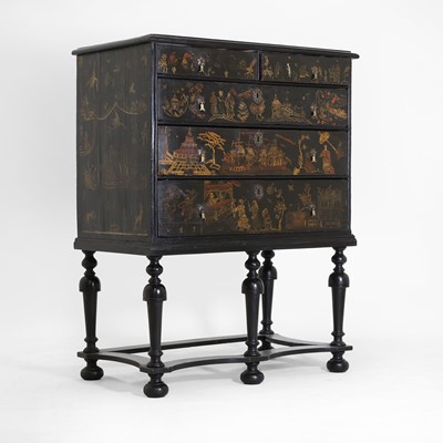 Lot 253 - A black and gilt-japanned chest on stand
