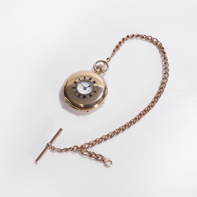 Lot 100 - An 18ct gold half hunter pocket watch with albert chain