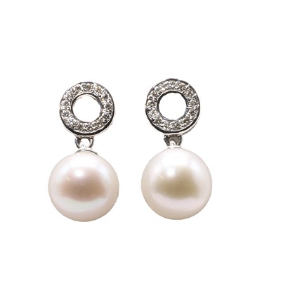 Lot 207 - A pair of white gold cultured pearl and diamond earrings