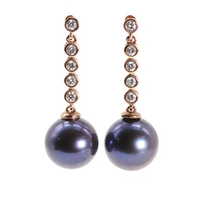 Lot 199 - A pair of diamond and blue cultured pearl drop earrings