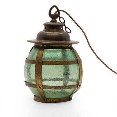 Lot 184 - An Arts and Crafts copper and green glass lantern