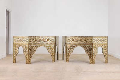 Lot 476 - A pair of chinoiserie verre églomisé glass console tables