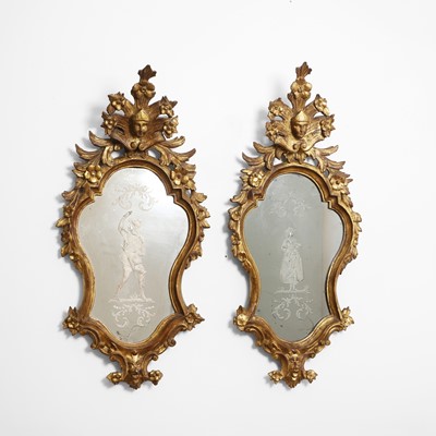 Lot 257 - A pair of baroque-style giltwood and etched-glass wall mirrors