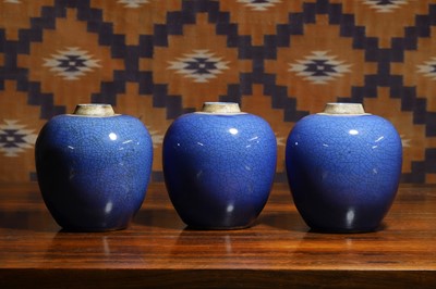 Lot 740 - A set of three Chinese blue crackle-glazed ginger jars