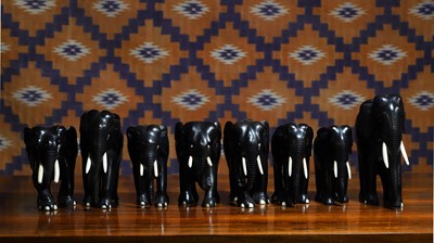 Lot 592 - A group of eight Indian ebony elephant figures