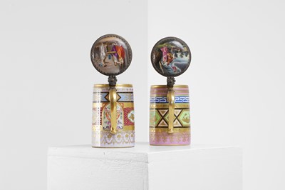 Lot 423 - A pair of Vienna porcelain and gilt-metal-mounted tankards