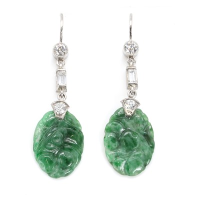 Lot 86 - A pair of Art Deco style jade and diamond drop earrings