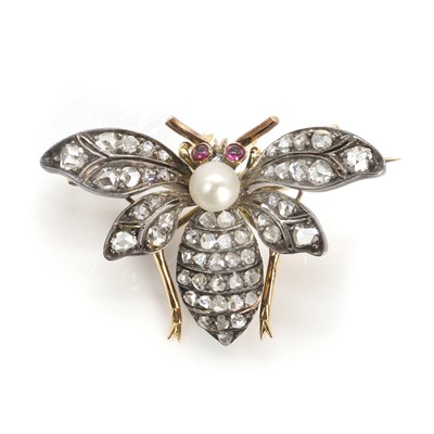 Lot 51 - A Victorian diamond, ruby and pearl butterfly brooch