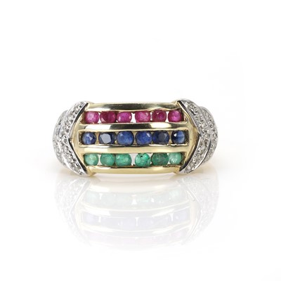 Lot 85 - A 9ct gold emerald, sapphire, ruby and diamond ring