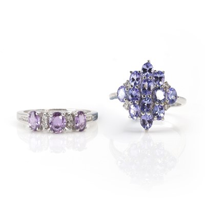 Lot 188 - A 9ct white gold tanzanite cluster ring and a 9ct white gold pink sapphire ring