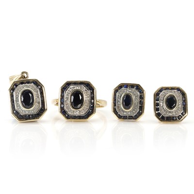 Lot 113 - A 9ct gold sapphire and diamond pendant, ring and earring set