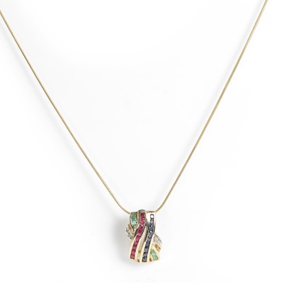 Lot 86 - A 9ct gold ruby, sapphire, emerald and diamond pendant