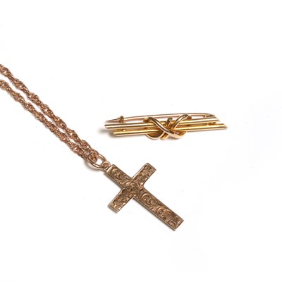 Lot 193 - An Edwardian rose gold cross and an Edwardian bar brooch