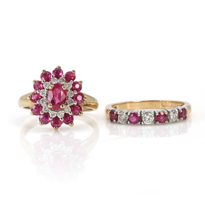 Lot 185 - A 9ct gold ruby and diamond cluster ring and 9ct gold a ruby and diamond ring