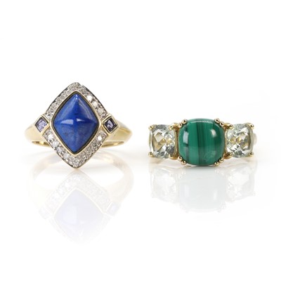 Lot 184 - A 9ct gold lapis lazuli, diamond and sapphire ring and a 9ct gold malachite and prasiolite ring