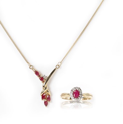 Lot 203 - A 9ct gold ruby and diamond cluster ring and a ruby and diamond pendant