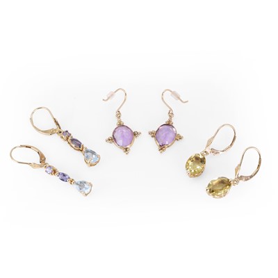Lot 222 - A group of 9ct gold gemstone set drop earrings
