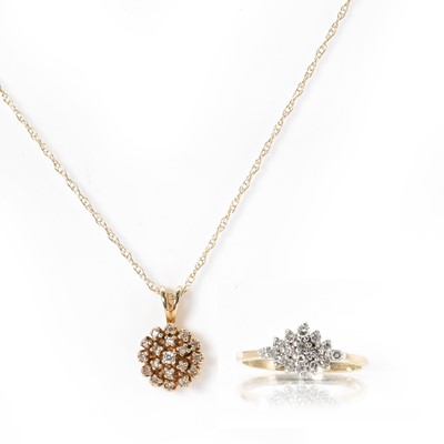 Lot 187 - A 9ct gold diamond cluster ring and a diamond cluster pendant