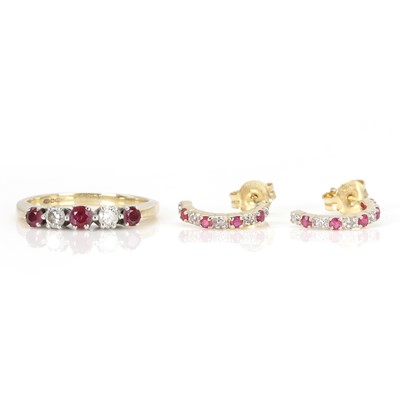 Lot 191 - A 9ct gold ruby and diamond ring and a pair of 9ct gold ruby and diamond stud earrings