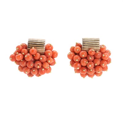 Lot 221 - A pair of red coral bead cluster earrings
