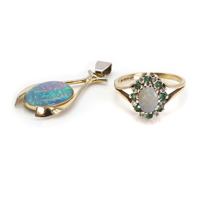 Lot 252 - A 9ct gold opal cluster ring and a silver gilt opal triplet pendant