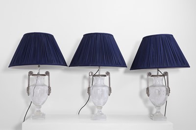 Lot 130 - A set of three etched glass lamps by Charles Edwards